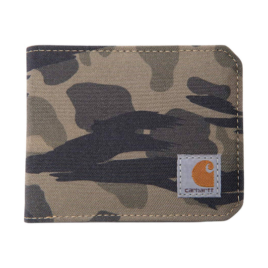 Camouflage bifold wallet with stitched edges and a Carhartt logo patch