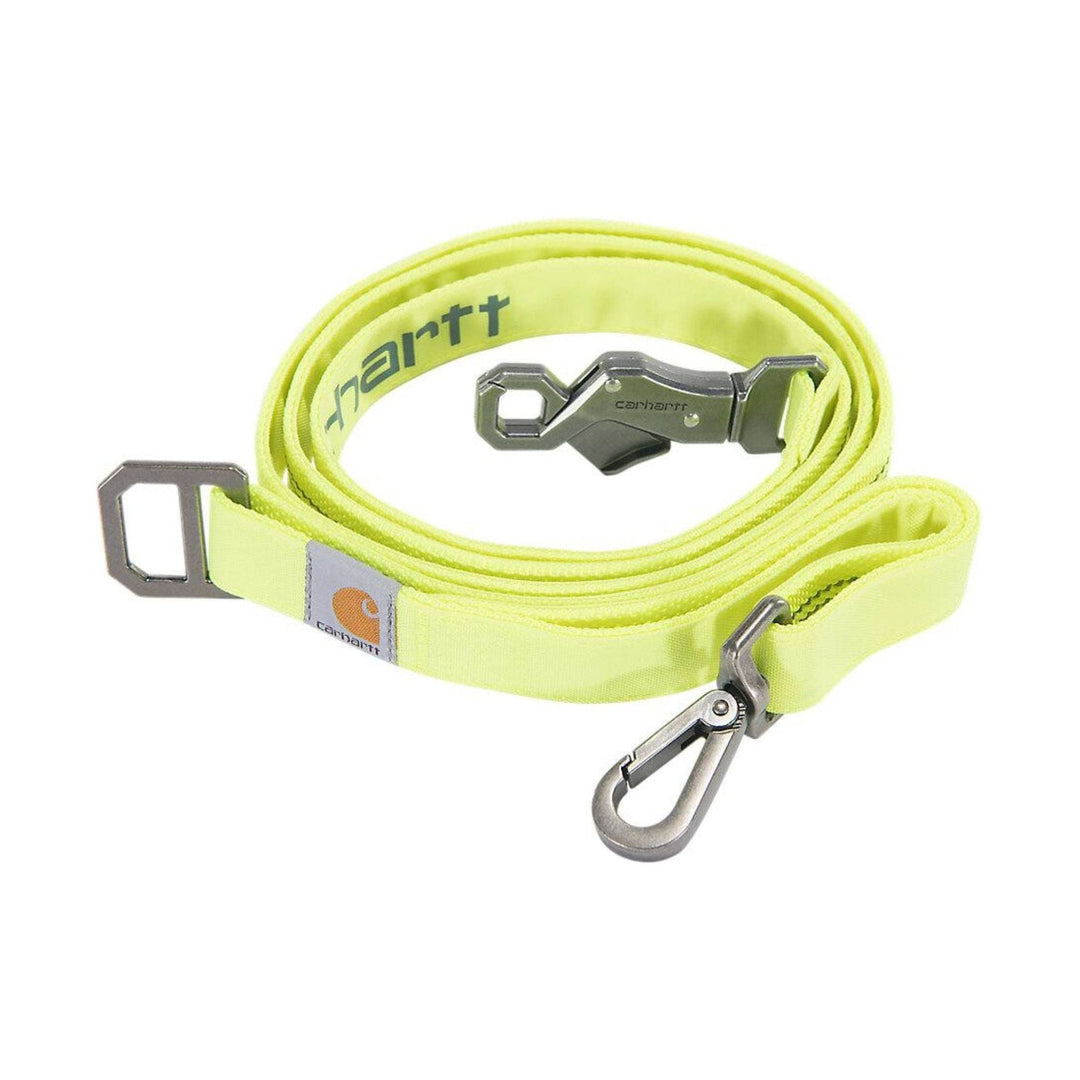 Neon yellow dog leash with metal clip, adjustable buckle, and Carhartt branding