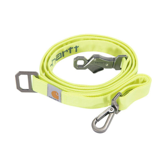 Neon yellow dog leash with metal clip, adjustable buckle, and Carhartt branding