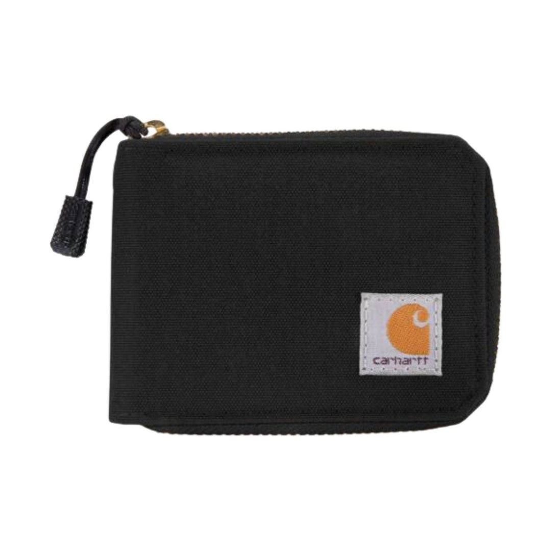 Black zip wallet with a small logo patch and wrist strap