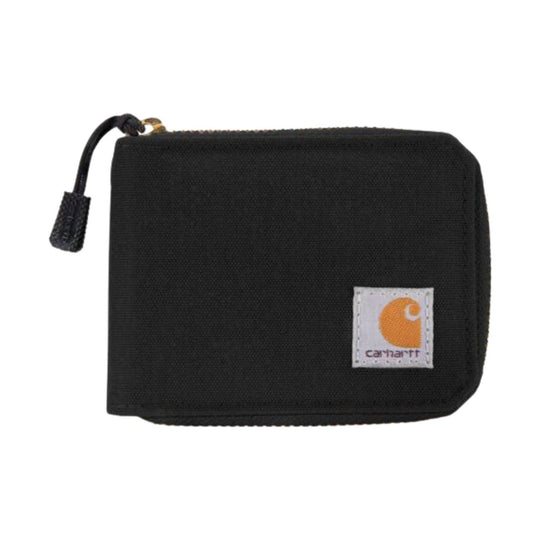 Black zip wallet with a small logo patch and wrist strap