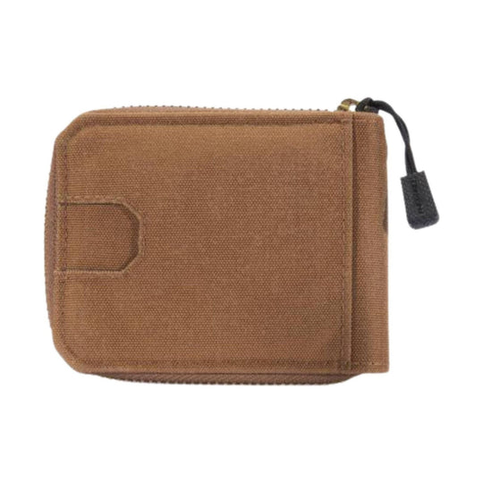 Brown canvas zip wallet with a side pocket and black zipper pull