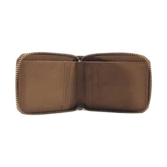 Brown zip-around wallet opened flat with multiple card slots and bill compartments