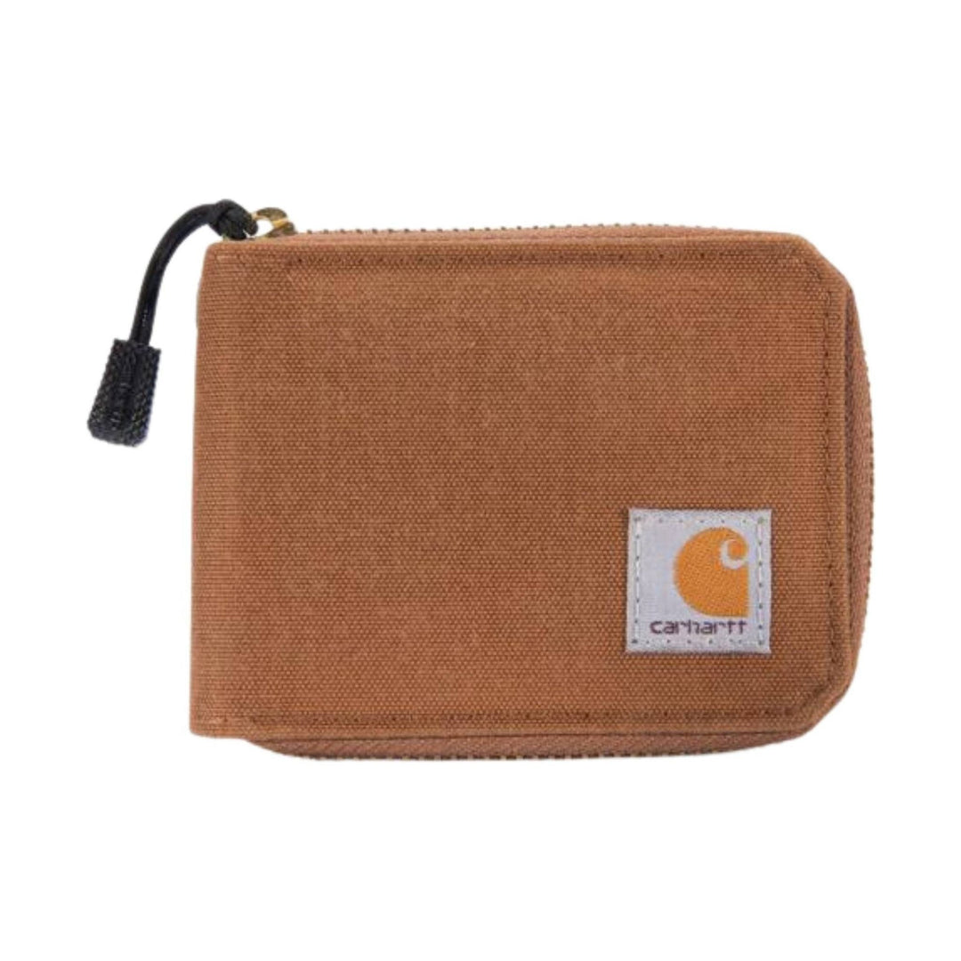 Brown zip wallet with black zipper pull and small logo patch
