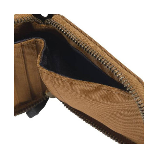 Brown zippered wallet partially open, showing dark interior and brass zipper teeth