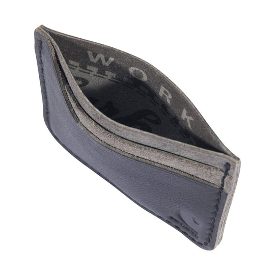 Black leather bifold wallet shown open, with visible "WORK" text on the interior