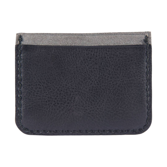Black leather card holder with stitched edges and rounded bottom corners