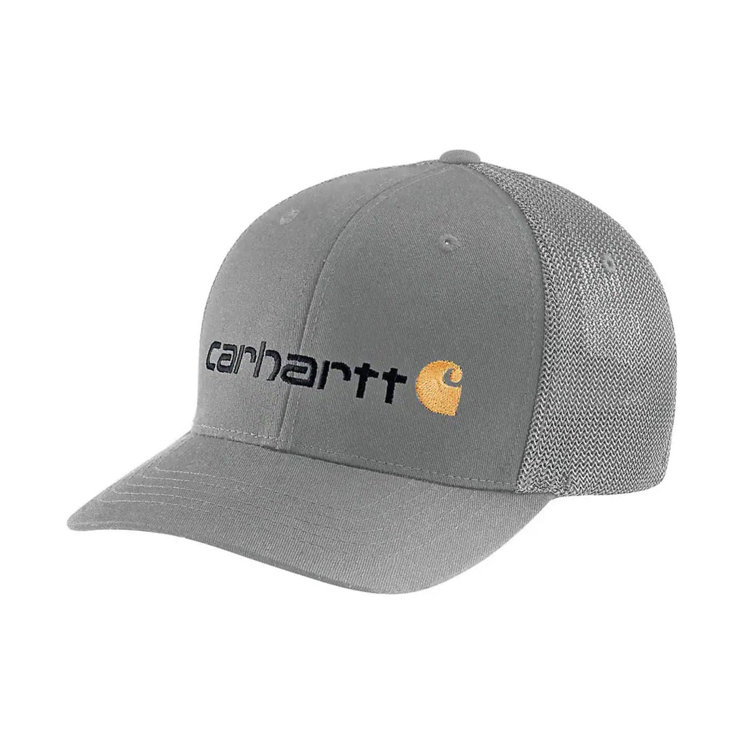 Gray mesh-back baseball cap with black embroidered logo and yellow emblem
