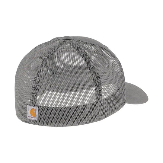 Gray mesh-back baseball cap with a flat brim and small Carhartt patch on the front