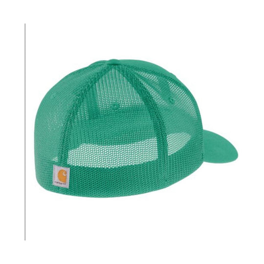 Green mesh baseball cap with a flat brim and Carhartt patch logo