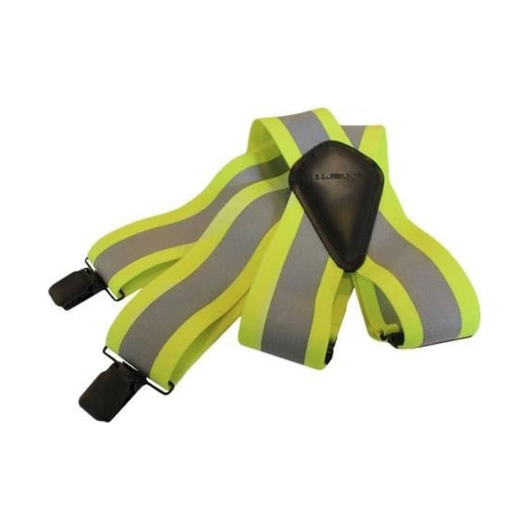 High-visibility yellow suspenders with gray reflective stripes and black clips