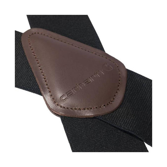 Brown leather suspender clip with stitched edges and embossed lettering on black webbing