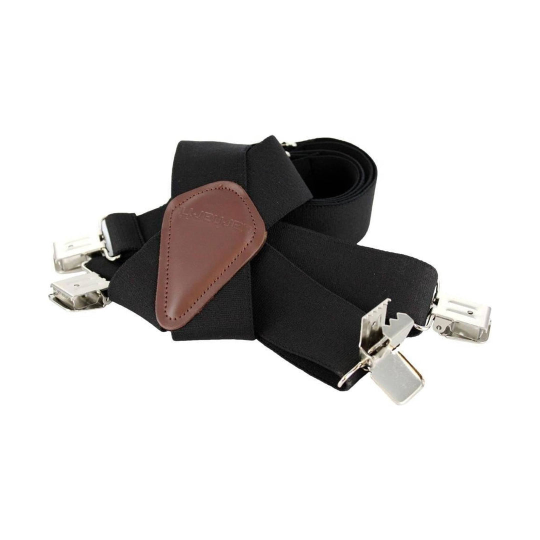 Black elastic suspenders with silver clips and a brown leather center patch