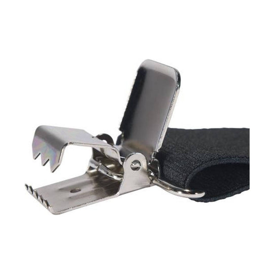 Black clip-on suspender with metal fasteners and swivel hook