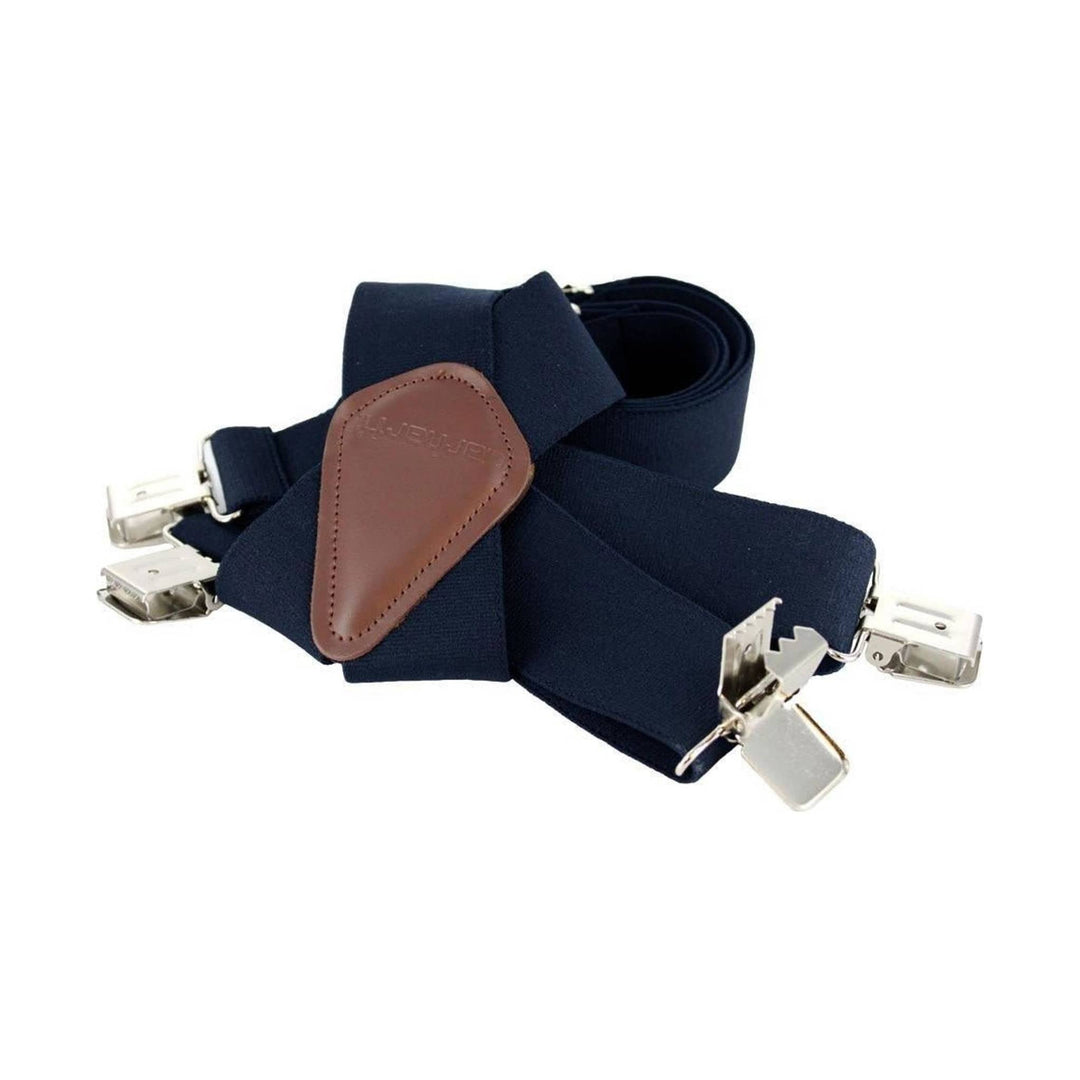 Navy suspender with leather center patch and silver metal clips