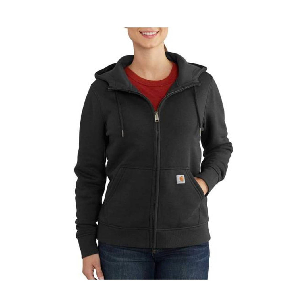 Black zip-front hooded sweatshirt with front pockets and drawstrings, worn over a red shirt