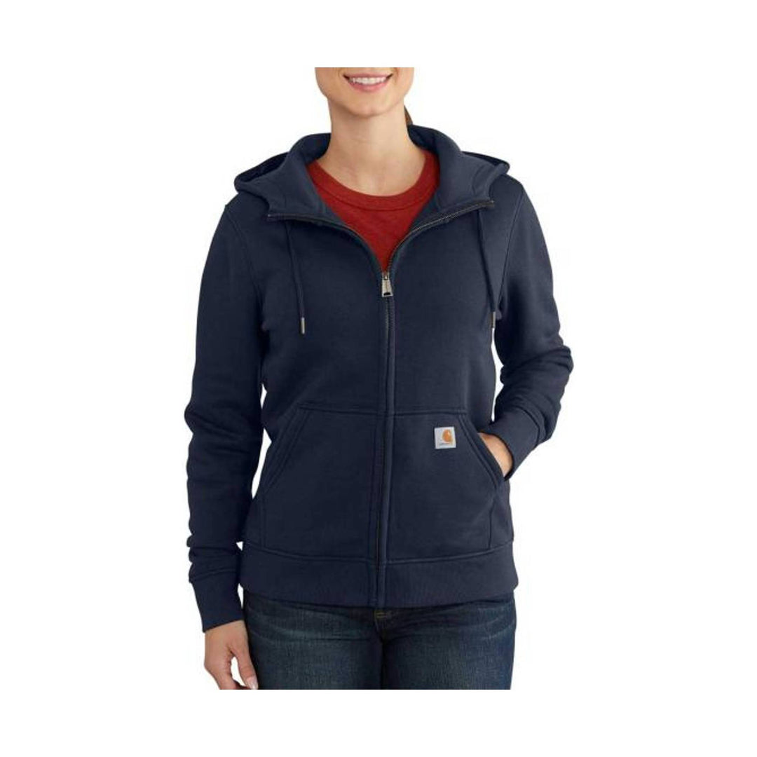Navy zip-front hooded sweatshirt with front pockets and drawstrings