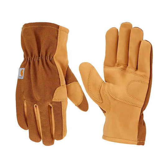 Brown and tan work gloves with open cuffs and reinforced palms, shown front and back
