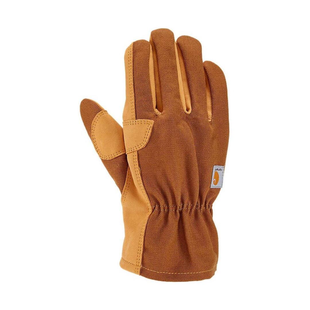Brown work glove with tan leather palm and reinforced fingertips