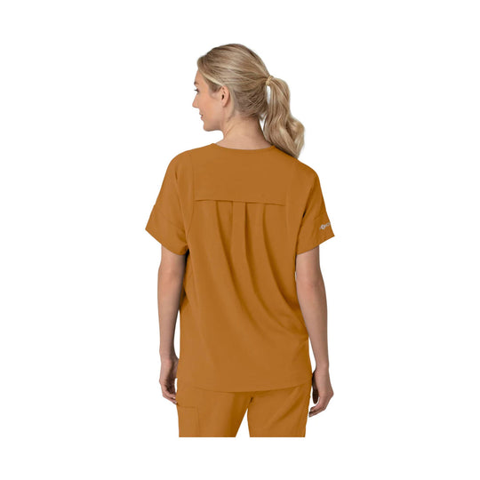 Mustard short-sleeve scrub top shown from the back with a pleated yoke and V-neck collar