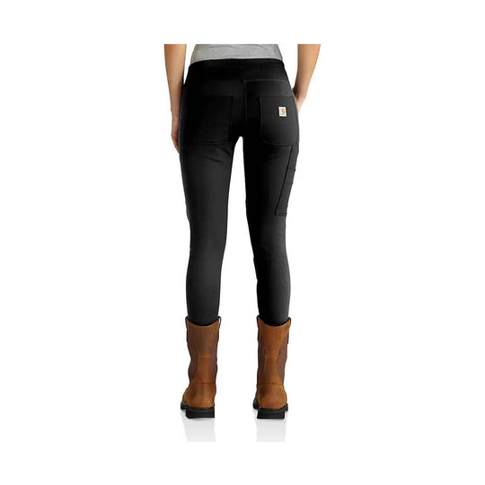 Black fitted utility leggings shown from the back with rear pockets and a side pocket detail