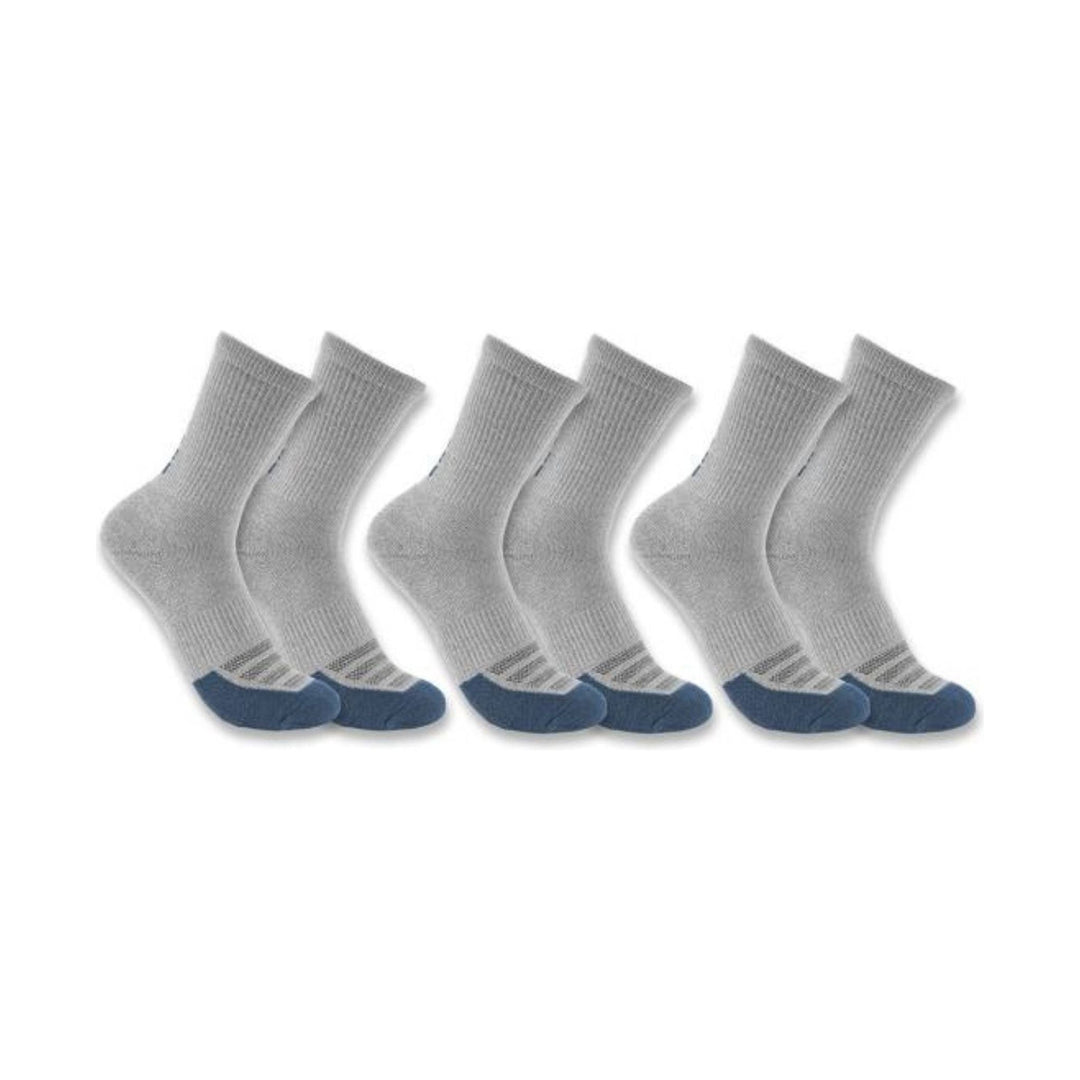 Three pairs of light gray crew socks with blue toes and heels