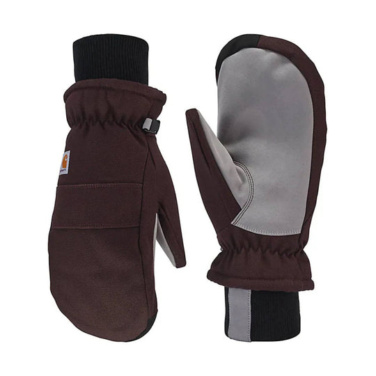 Brown insulated mittens with knit cuffs, synthetic leather palms, and gray thumb panels