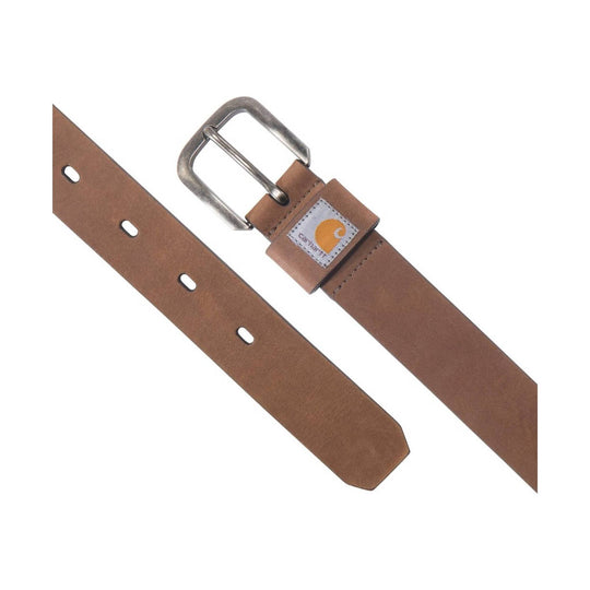 Brown leather belt with silver buckle and small logo patch, shown folded on a white background