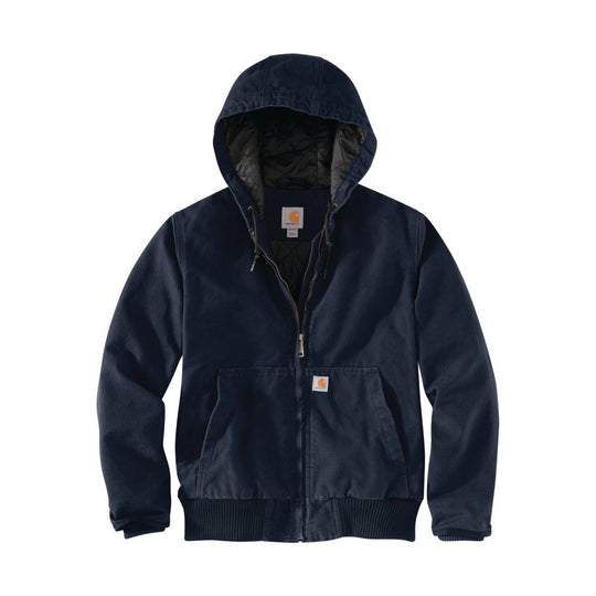 Dark navy hooded insulated work jacket with front zipper, chest label, and two front patch pockets