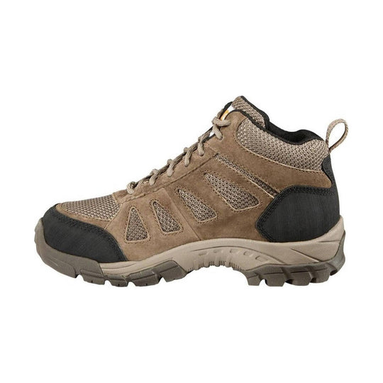 Tan mid-height hiking work boot with black toe and heel caps, mesh panels, and lug sole