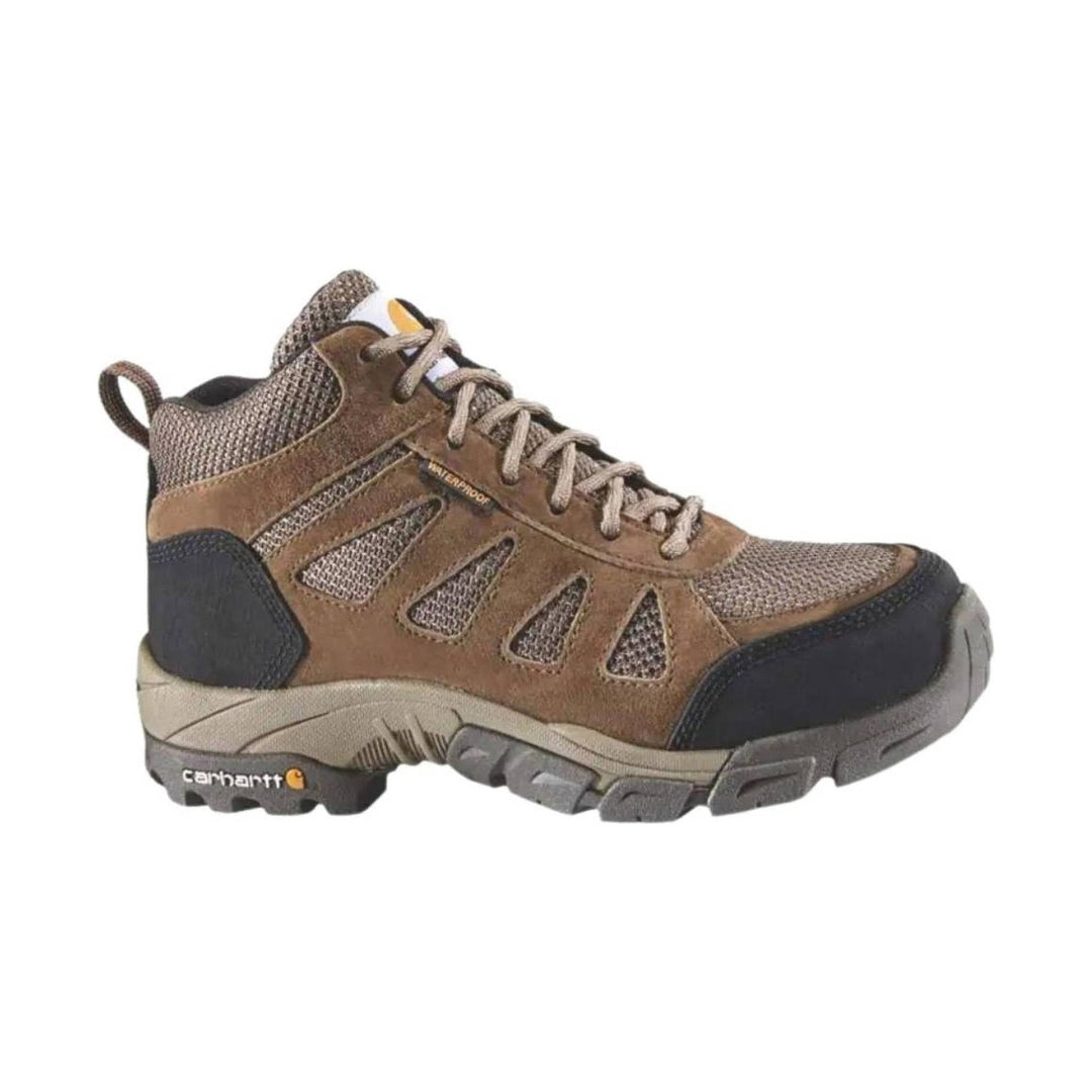 Brown and black mid-height hiking work boot with mesh panels, tan laces, and rugged gray outsole