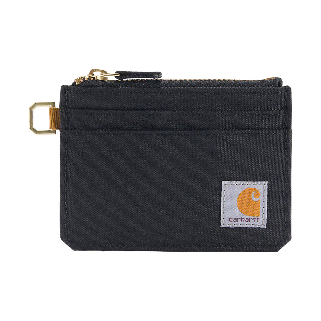 Black zippered card holder with a small front logo patch and gold-tone zipper hardware