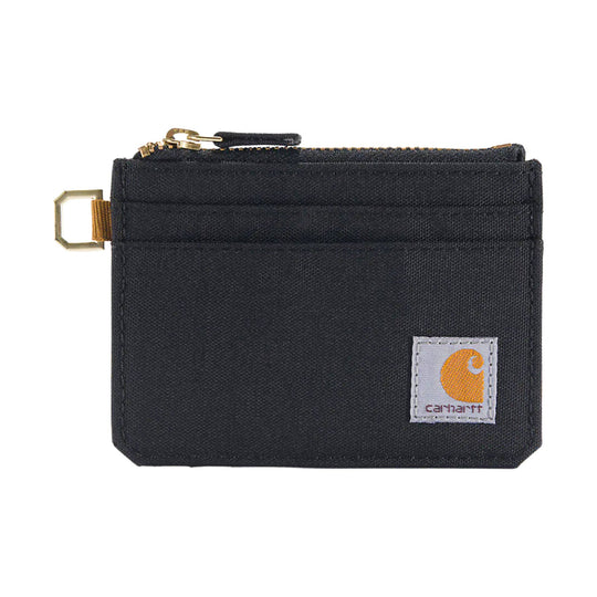 Black zippered card holder with a small front logo patch and gold-tone zipper hardware