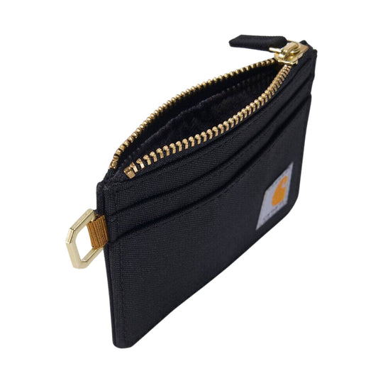 Black zippered card holder with gold zipper and side loop