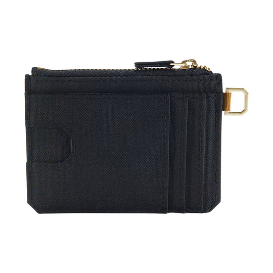 Black zippered card holder with textured fabric, front pocket, and gold-tone hardware