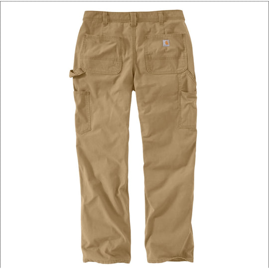 Tan work pants with large front patch pockets, cargo pockets, and a small Carhartt logo patch.