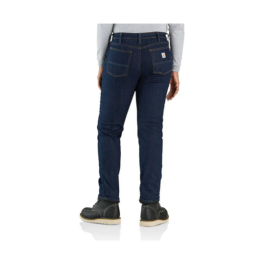 Dark wash women’s jeans shown from the back with back pockets and a small patch label