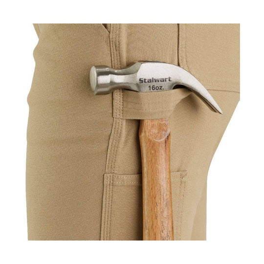 Brown canvas work pants with a hammer loop and a hammer tucked into the pocket