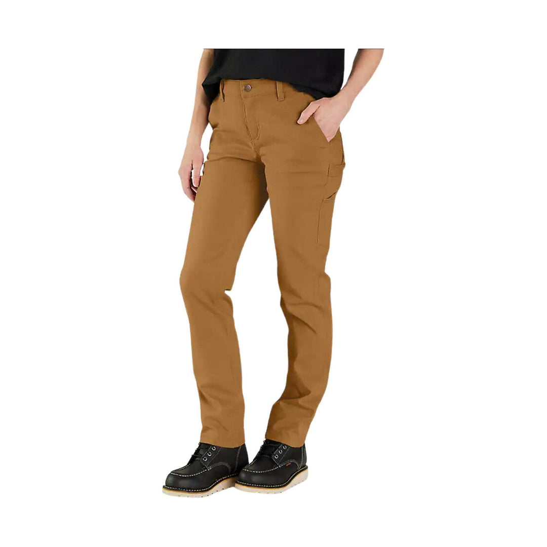 Brown women’s straight-leg work pants with front and side pockets, shown with black shoes