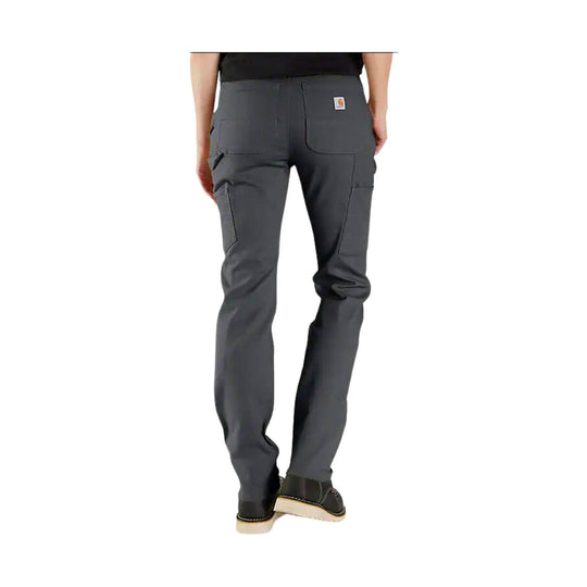 Dark gray work pants shown from the back with cargo pockets and a Carhartt patch