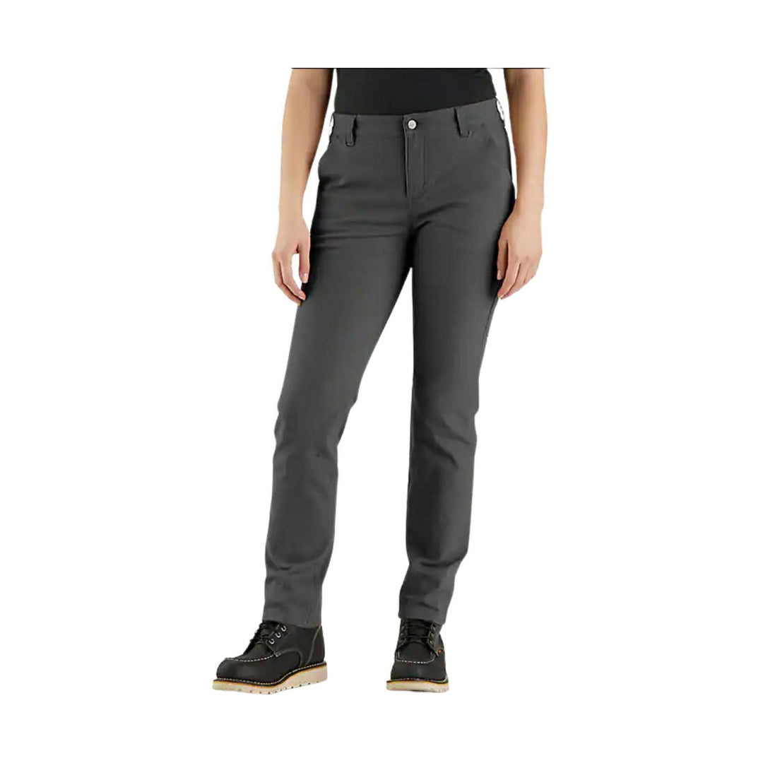 Dark gray women’s straight-leg pants with front pockets and lace-up black work boots