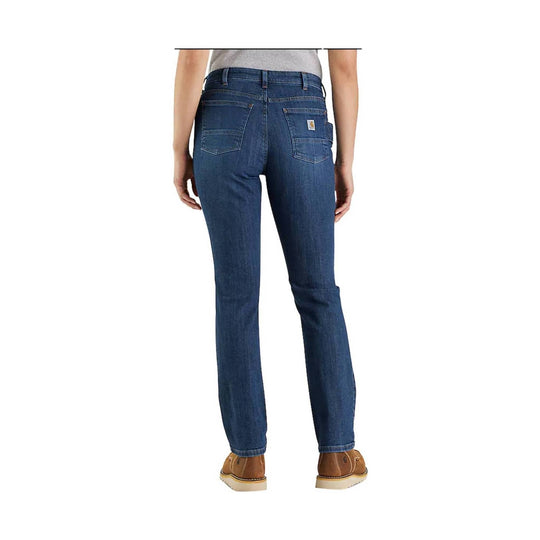 Blue straight-leg jeans shown from the back with five pockets and a small logo patch on the back pocket.