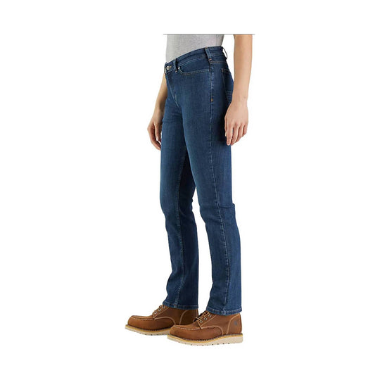 Blue straight-leg jeans shown with tan work boots on a model