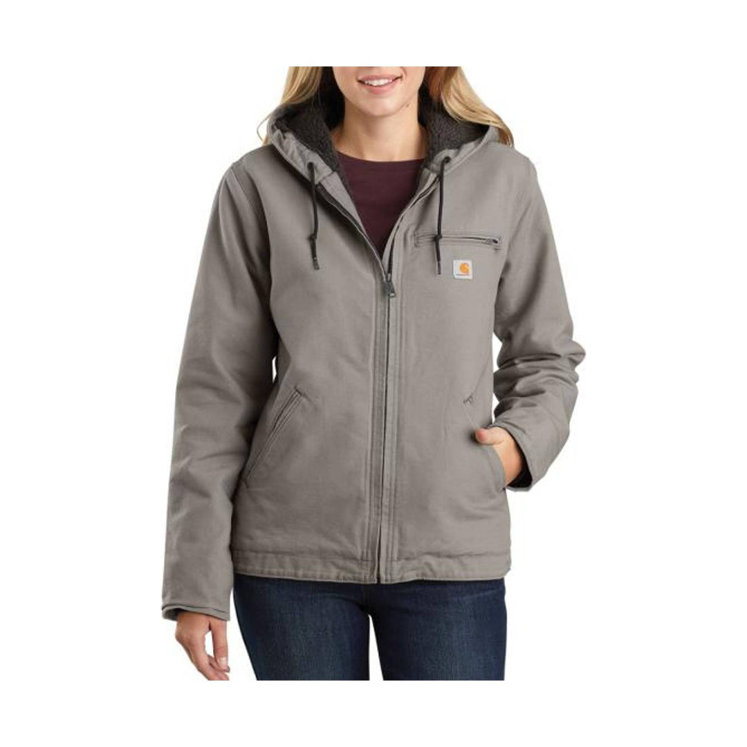 Taupe hooded zip-up jacket with fleece lining, chest pocket, and hand pockets