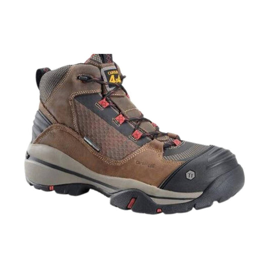 Brown high-top work boot with black toe cap, red lace hooks, and a rugged treaded sole