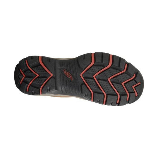Black boot outsole with red tread accents and CAROLINA branding