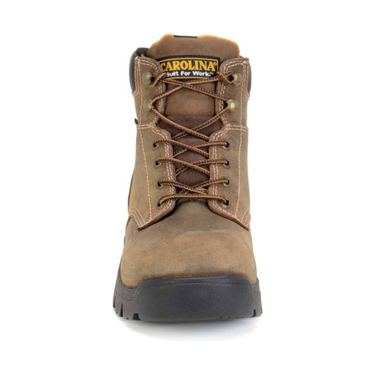 Brown lace-up work boot with padded collar and black lug sole, front view