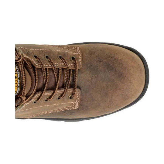 Brown leather work boot with brown laces and a black rubber toe cap, shown from above