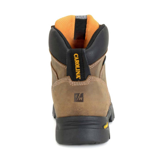 Brown and black work boot with orange lining, rear pull tab, and yellow branding on the heel