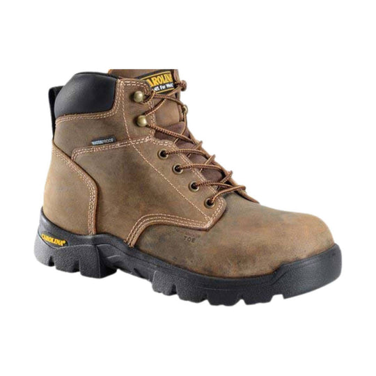 Brown leather lace-up work boot with black padded collar, tan stitching, and lugged black sole